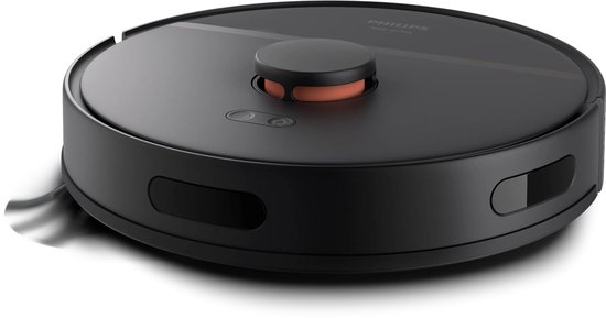 Zwarte robotstofzuiger met verhoogde rode knop en oranje accent.