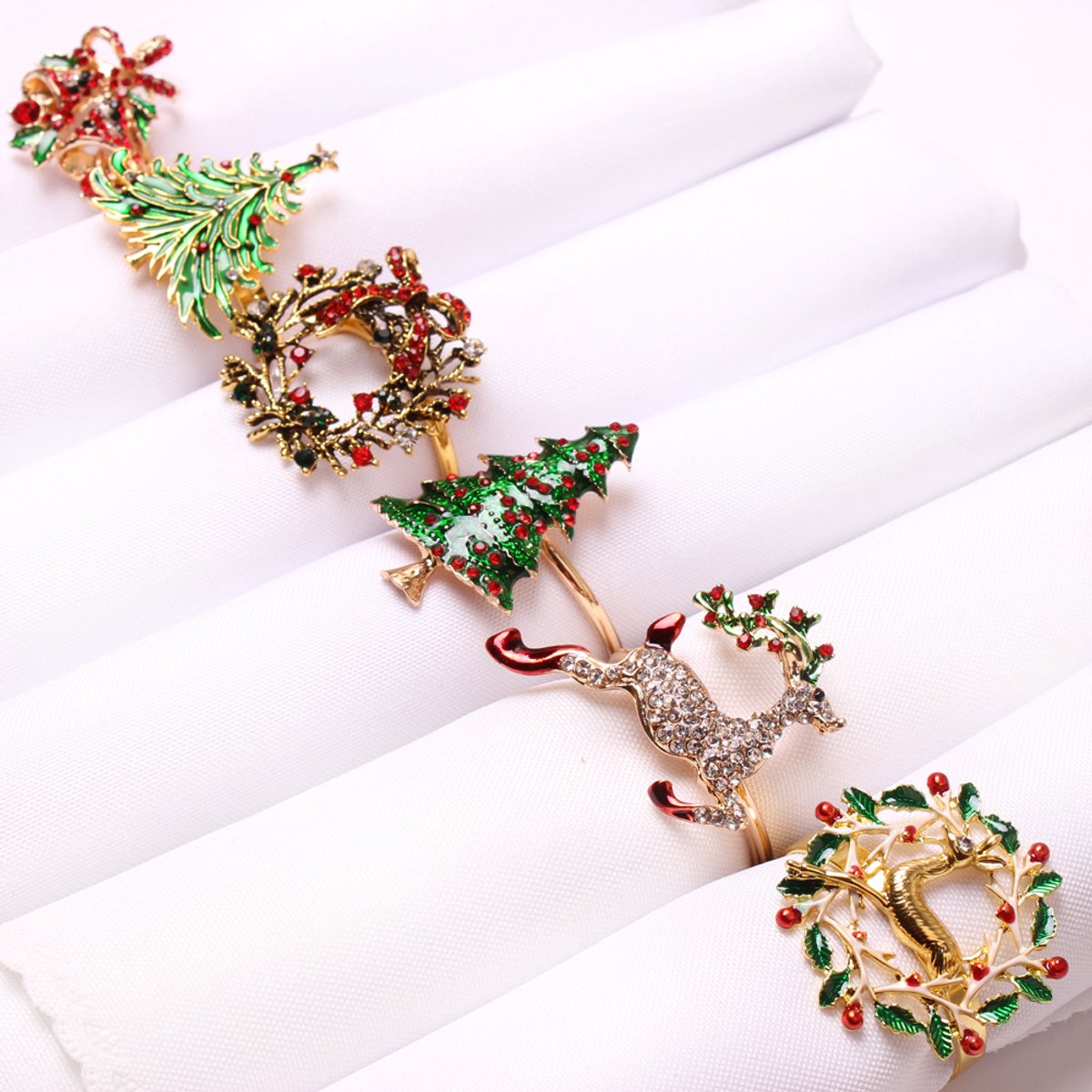 Kerst servetringen set 6 stuks - Met kerstboom, rendier en krans ontwerp - Servethouders voor kerstdiner en feestelijke tafeldecoratie