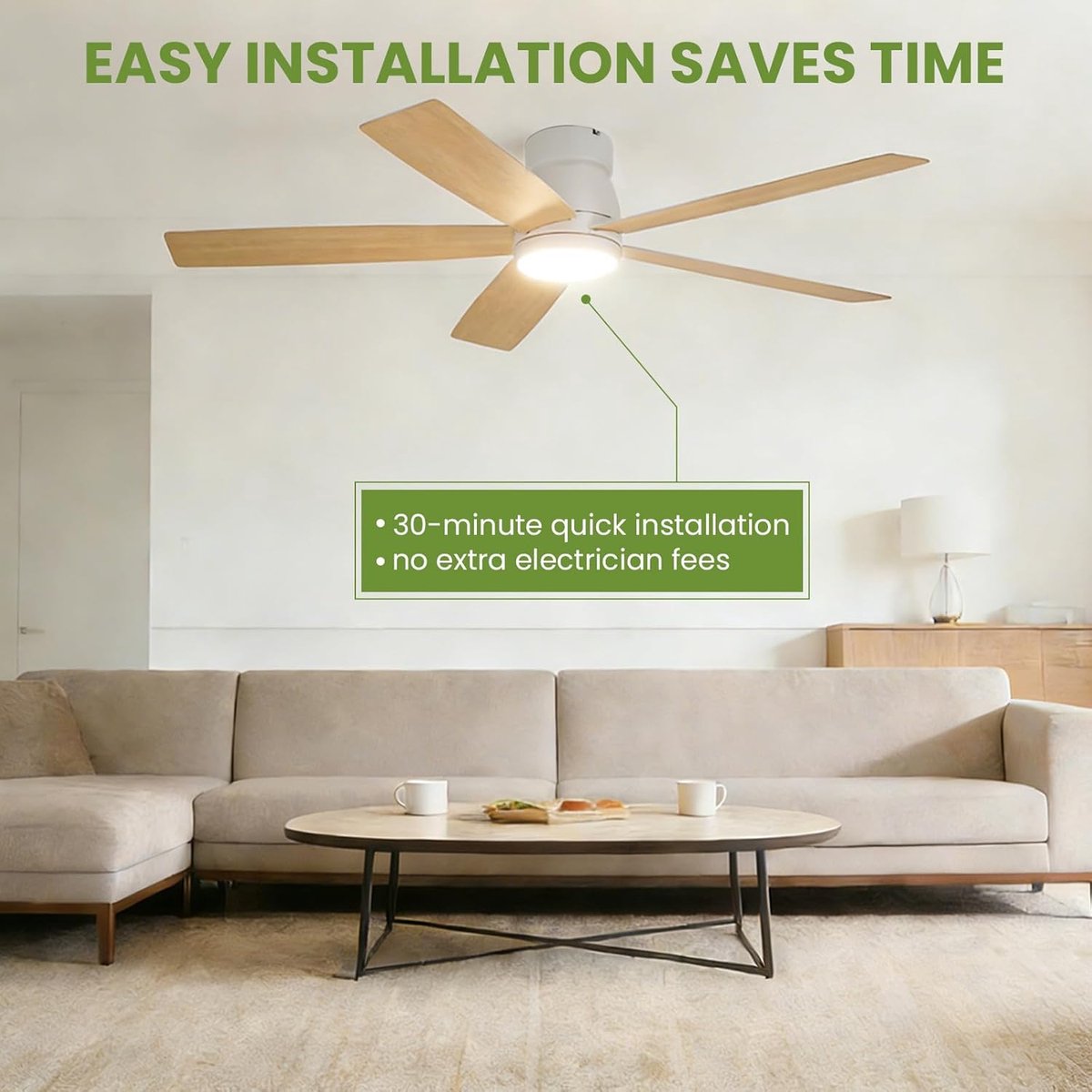 Moderne plafondventilator 52 inch met dimbare LED-verlichting – Stille omkeerbare DC-motor – 3 instelbare kleurtemperaturen – Met afstandsbediening – Energiezuinig – Laaghangende inbouwmontage – 132×132×26 cm – Wit – foto 6