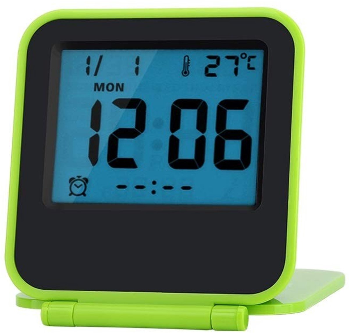 Dailygoods - Dailygoody - Digitale reiswekker - Mini wekker - Compact en opvouwbaar - Groen - Thermometer en timer - Geschikt voor slaapkamer en kantoor - Dra