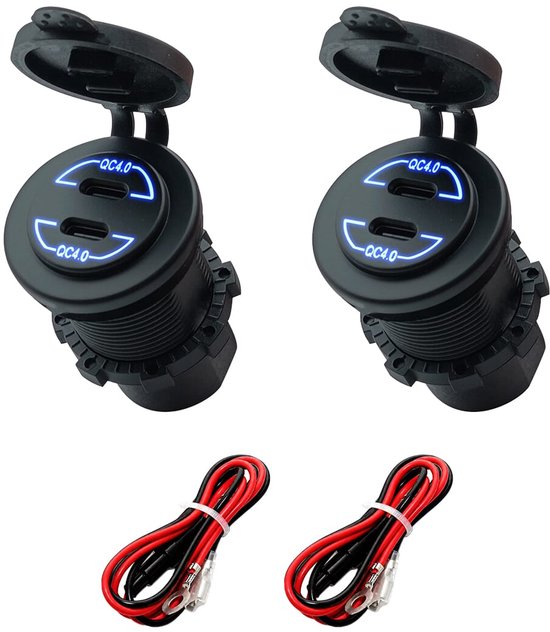 ProRide 12V USB-C Wandcontactdoos Inbouw - 30W - 2 Poorten - QC4.0 - Blauw - Kabel en Zekering - Auto Boot en Camper - 2 stuks