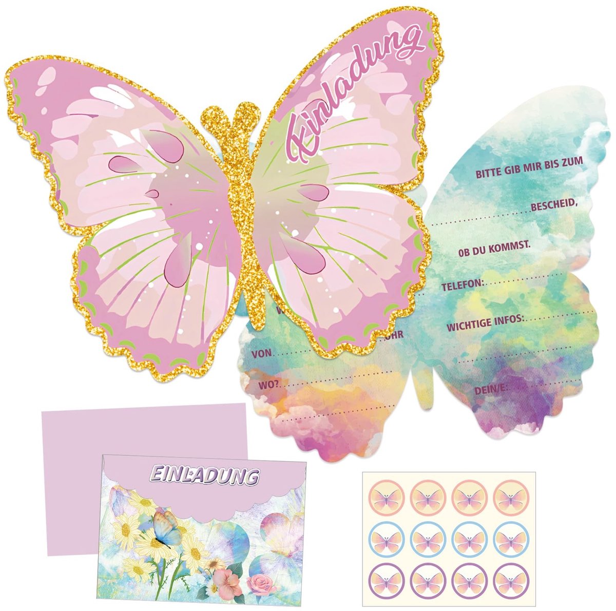 Dailygoods - Dailygoody - Vlinderuitnodigingskaarten - Feestuitnodigingen voor Meisjes - Magisch Ontwerp - 12 Stuks - Kinderverjaardag - Inclusief Enveloppen en St