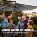 Grijze parasol met een gebogen steel, met een gezin dat eronder staat.
