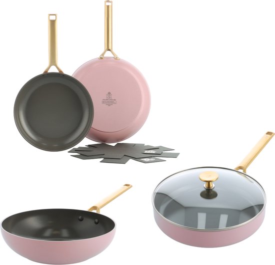 BK Sublime Pannenset - 28cm Hapjespan, 28cm Wok, 24cm & 28cm Koekenpannen - Blush Pink - PFAS-vrij - Keramische antikleeflaag