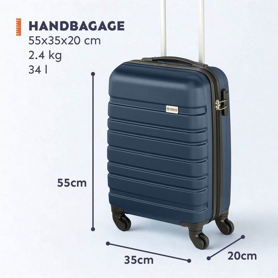 Donkerblauwe handbagage koffer 55x35x20cm, 2.4kg, 34l.