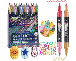 48 Twinmarkers - Glitterstiften Pennen Markers - Markeer Stiften - Dubbelzijdige Stiften - Brush Pennen - Brush Markers - Dual Tip Markers voor Kinderen & Volwassenen - Tekenen, Journalen, Kleuren en DIY Knutselen (48 Kleuren (24 Stuks) - SOLLBRY®