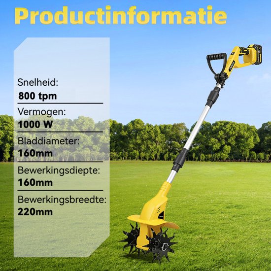 MellWin Accu Grondfrees - Draadloze rotavator - Elektrische Tuinfrees - 800 tpm - met 2 Accu's - 22 cm werkbreedte - 16 cm werkdiepte van MellWin — afbeelding 2
