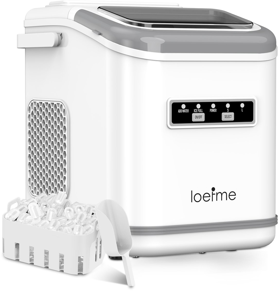 LOEFME IJsblokjesmachine – 1,4L – 12kg/24u – Bulletijs – Zelfreinigend – Draagbaar – Wit