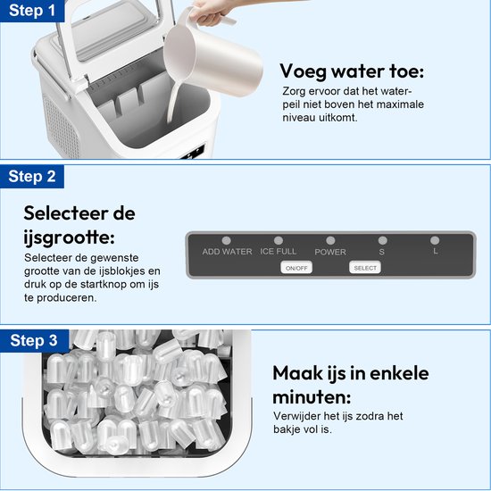 LOEFME IJsblokjesmachine - 1,4L - 12kg/24u - Bulletijs - Zelfreinigend - Draagbaar - Wit — afbeelding 4