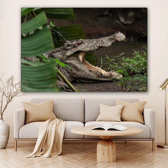 Canvas schilderij 180x120 cm - Wanddecoratie Krokodil met geopende bek - Muurdecoratie woonkamer - Slaapkamer decoratie - Kamer accessoires - Schilderijen op canvas