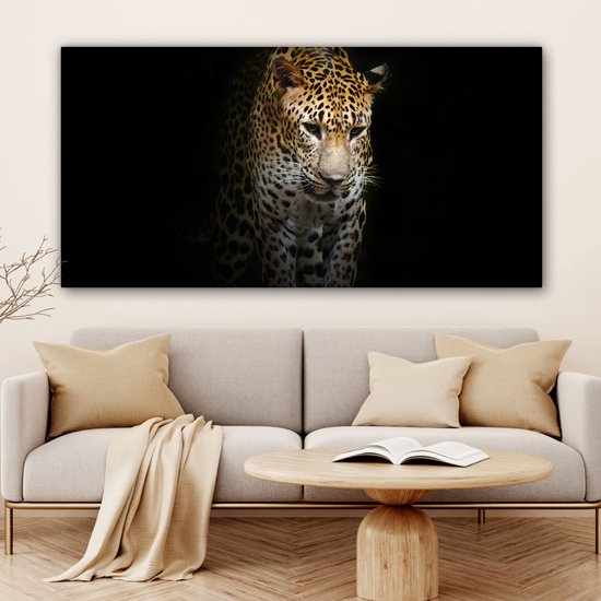 Canvas schilderij 160x80 cm - Wanddecoratie Luipaard - Reflectie - Zwart - Muurdecoratie woonkamer - Slaapkamer decoratie - Kamer accessoires - Schilderijen op canvas