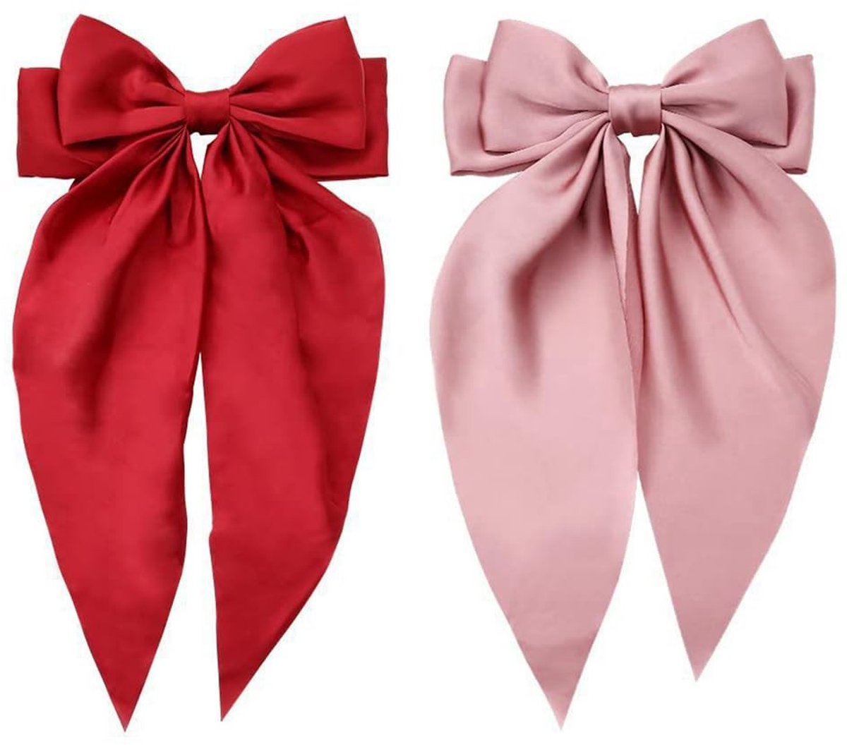 Dailygoods - Set van 2 Haarclips met Grote Strik van Satijn in Rood en Roze