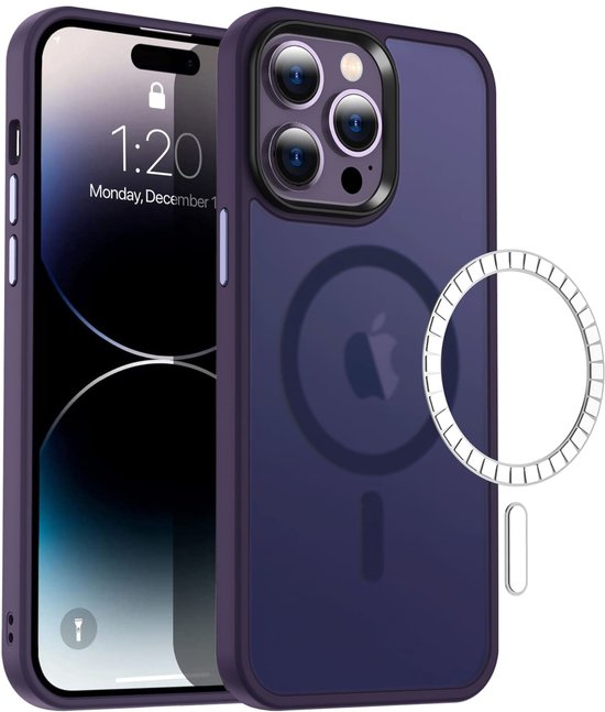 Mat donkerpaars telefoonhoesje met MagSafe-cirkel, getoond naast een iPhone en een metalen ring.