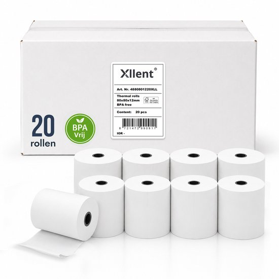 Doos met 20 Xllent thermische kassarollen. '20 rollen', 'BPA Vrij'.