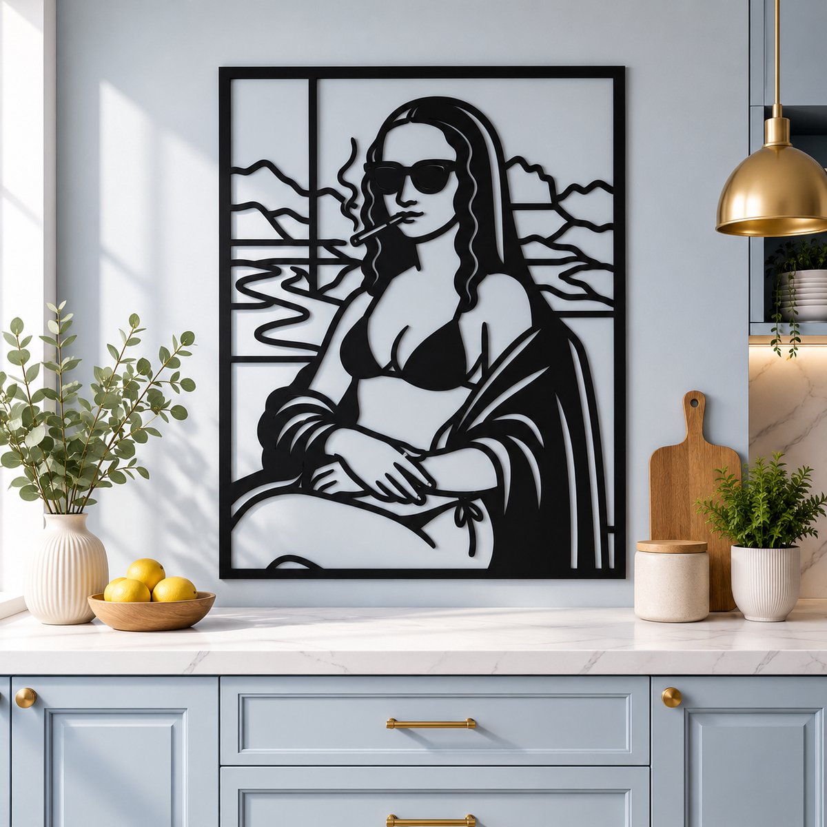 Mona Lisa Beach Vibes Wanddecoratie Zwart MDF – Lasergesneden Line Art Muurdecor – 75 cm Breed