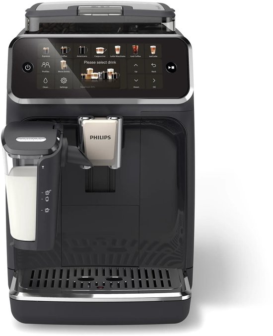 Zwarte Philips 5500 Series volautomatische espressomachine met LatteGo en een touchdisplay waarop 'Please select drink' staat.