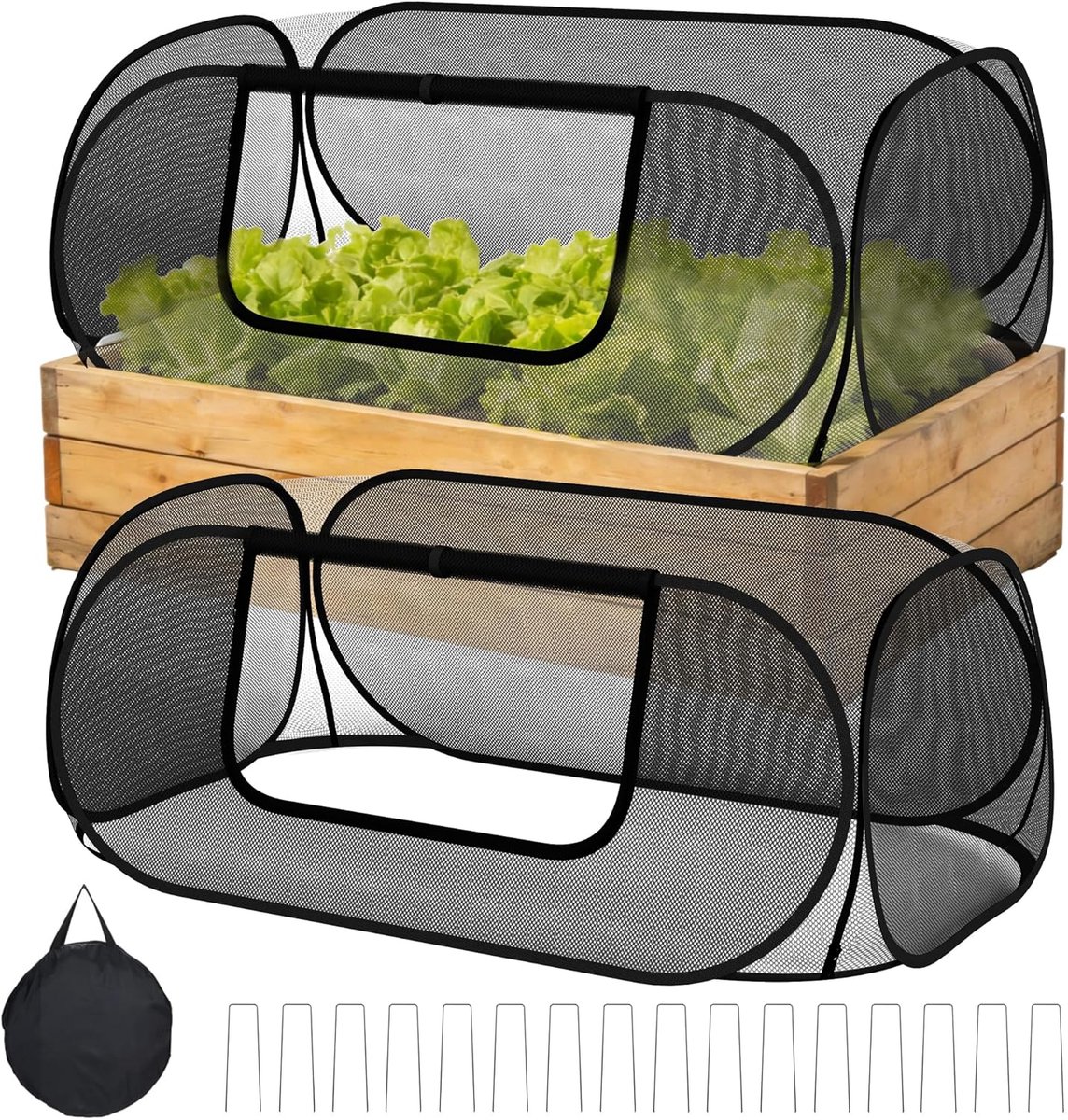2 Stuks - Verhoogde Tuinbedafdekking - 115x55x45 cm - Pop-up Gaaskooi - 30% Schaduwdoek - Met 16 Pinnen - Beschermt Planten Tegen Vogels en Ongedierte