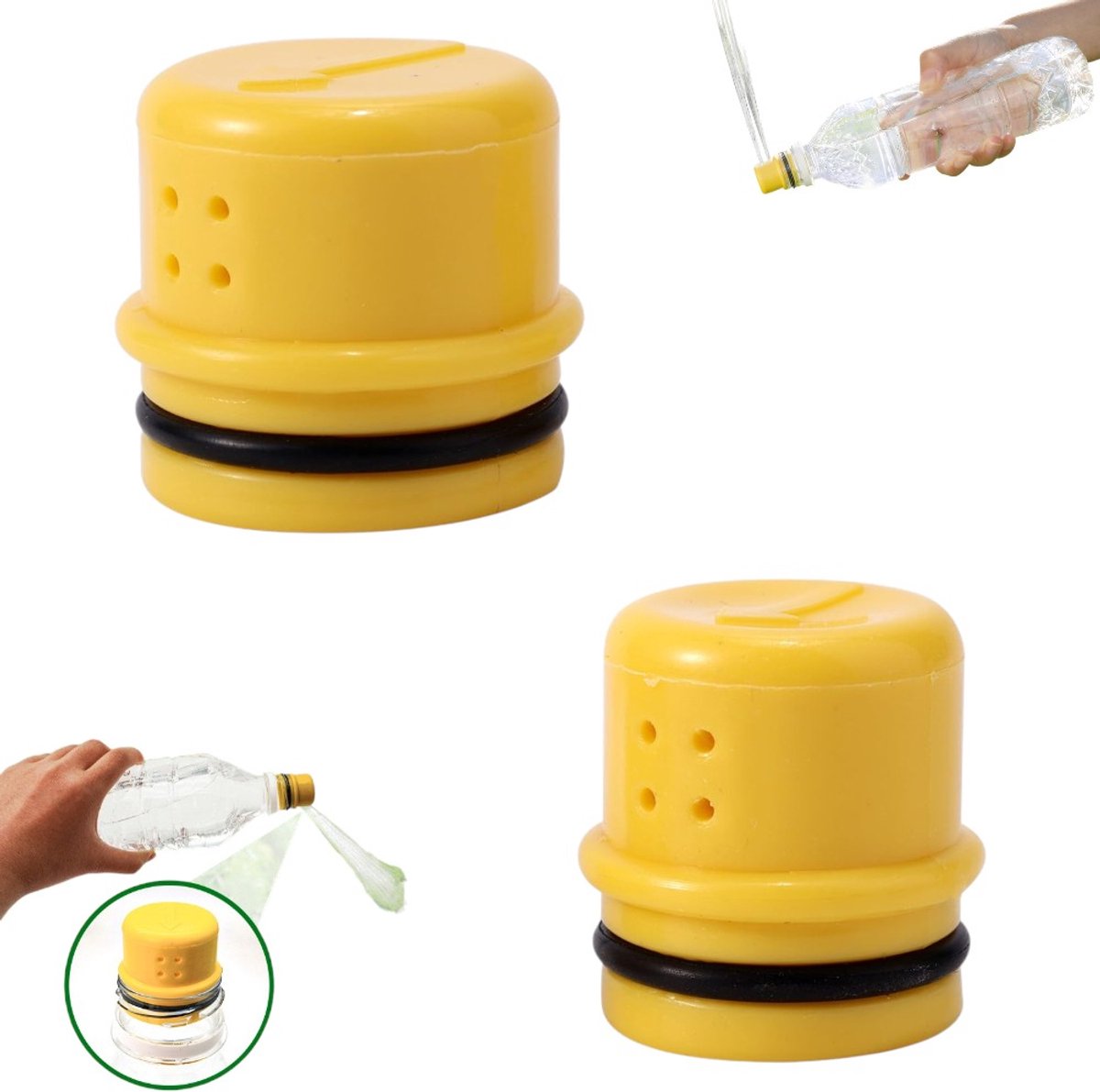 2 stuks - Spoelset - Ultralichte draagbare spoelset - Universele flesadapter - Geel - Draagbare spoelset - Met 360° sproeikop - Praktische compacte sproeier - Geschikt voor wandelen en kamperen