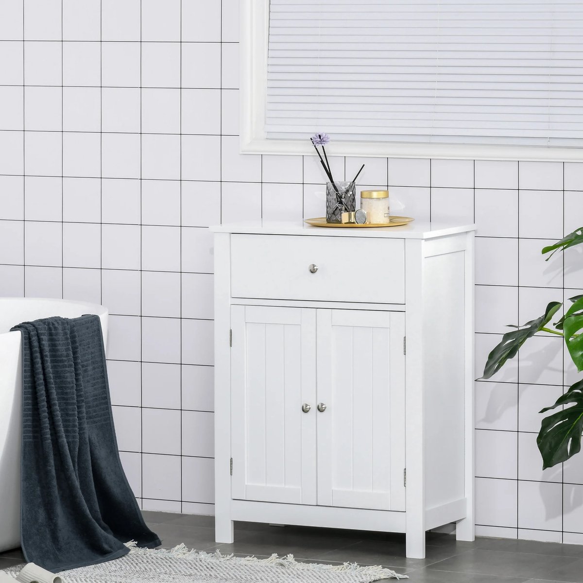 Calivari Badkamerkast Wit – Smalle Opbergkast met Lade en Deuren – 60x30x80 cm