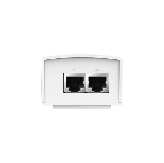 Witte TP-Link voedingsadapter met POE en LAN ethernetpoorten.