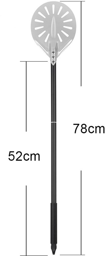 Afmetingen van een pizzaschep: steel 52 cm, totale lengte 78 cm.