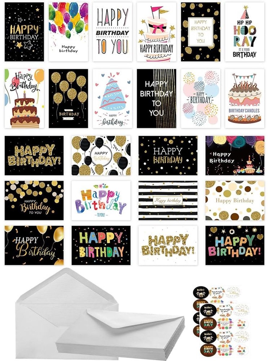 Dailygoods - Dailygoody - Verjaardagskaarten - Lege verjaardagskaarten - Schrijfruimte voor persoonlijke boodschappen - Multipack van 24 kaarten - Inclusief envelo