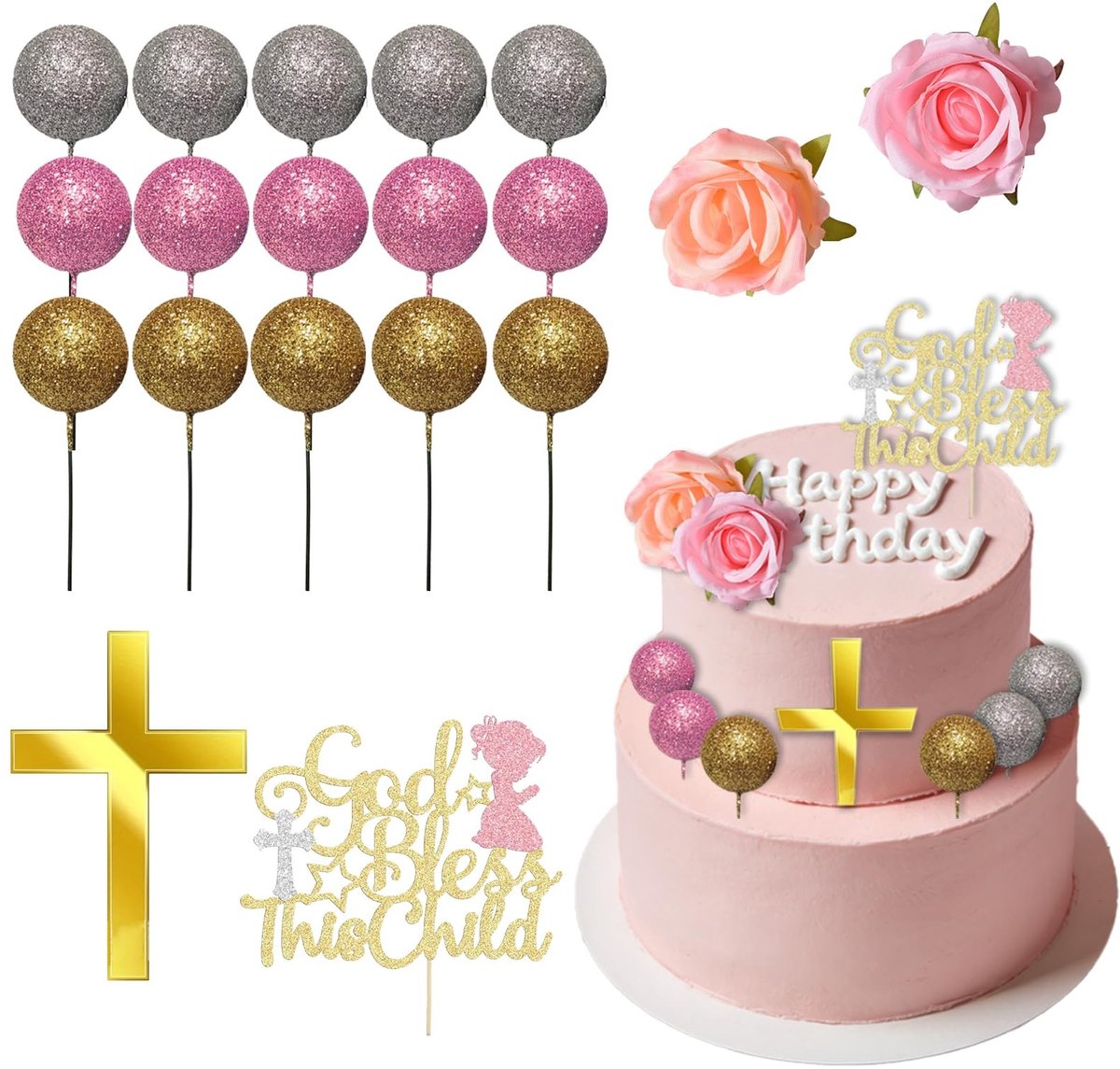Dailygoods - Communie Taartdecoratie Set met Kruis en Ballen