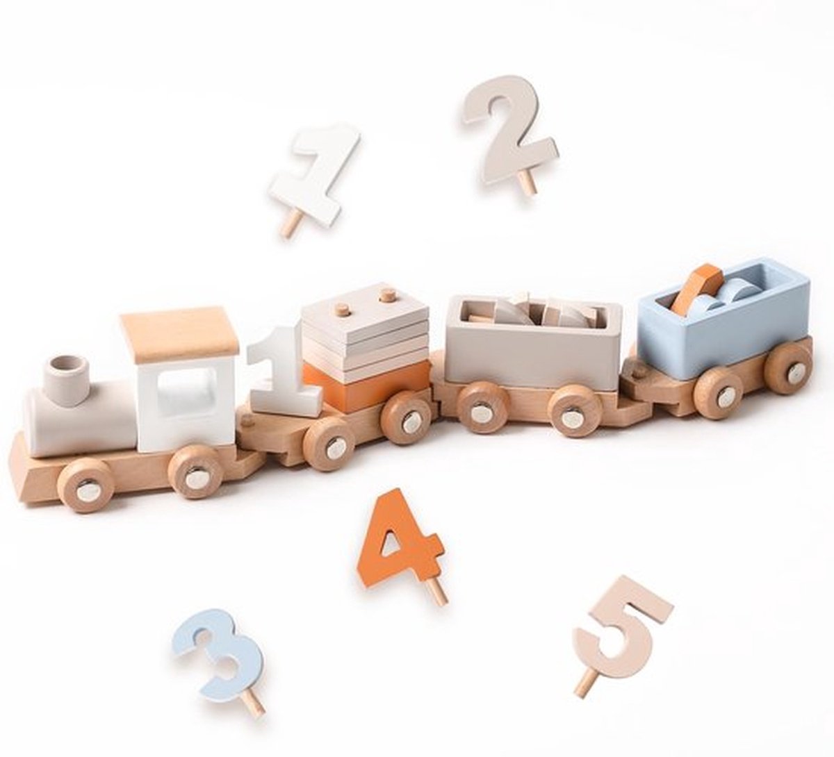 Houten verjaardagstrein - Montessori stapelspeelgoed Decoratie 1 2 3 4 5 Verjaardag - Cijfers en blokken Houten treinspeelset