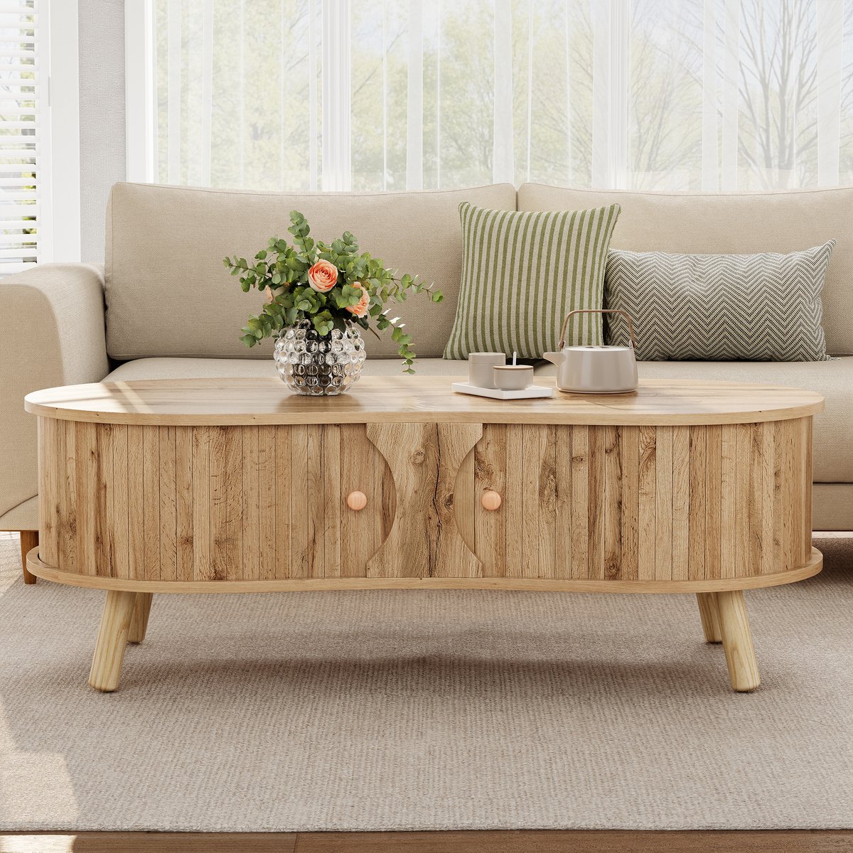 VVBV Woonkamertafel met Voor Woonkamer, Ribbelfront - Schuifdeuren, Deuren - Massief Hout/MDF