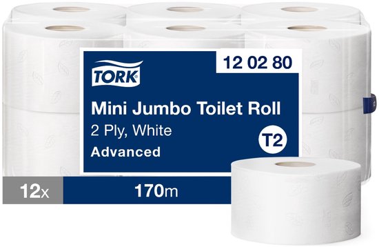 Zes Tork Mini Jumbo toiletrollen, 2-laags, wit met bladerenpatroon. Verpakking met '12x 170m' vermelding.