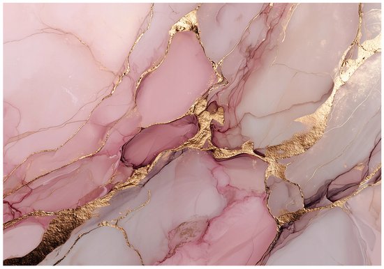 WALLARENA - Behang 150x105 cm - Fotobehang - Vliesbehang - roze marmer met gouden accenten - voor slaapkamer en woonkamer - halfmatte afwerking - roze en goud