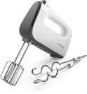 Witte en grijze Philips handmixer met twee metalen gardes en twee deegkneders.