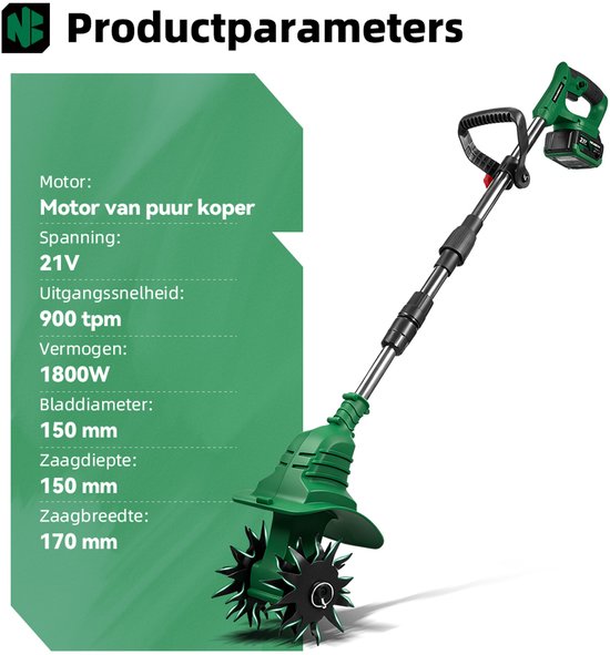NewBeny Elektrische Grondfrees - 900 tpm Tuinfrees - Draadloze motorhak - 17cm Zaagbreedte - met 2 Accu's - voor het graven en losmaken van de grond van Newbeny — afbeelding 2