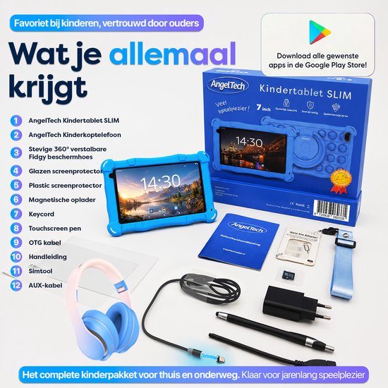 Inhoud van de AngelTech kindertablet combipakket: blauwe tablet, koptelefoon, oplader, pen, en andere accessoires