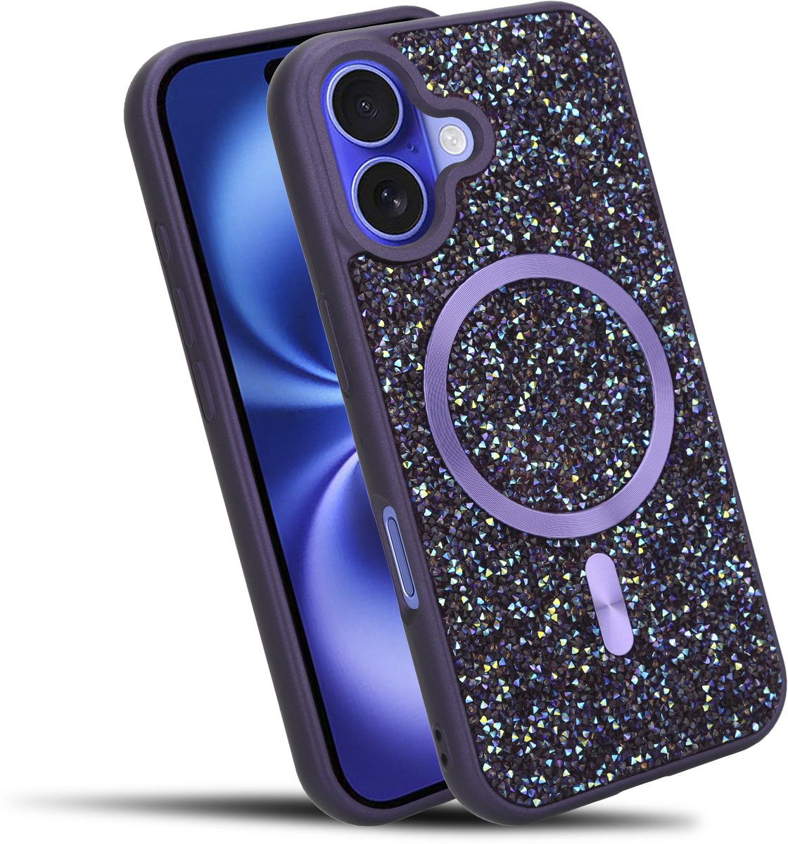 Hoesje geschikt voor iPhone 16 in Paars Diamant Glitter Stijl