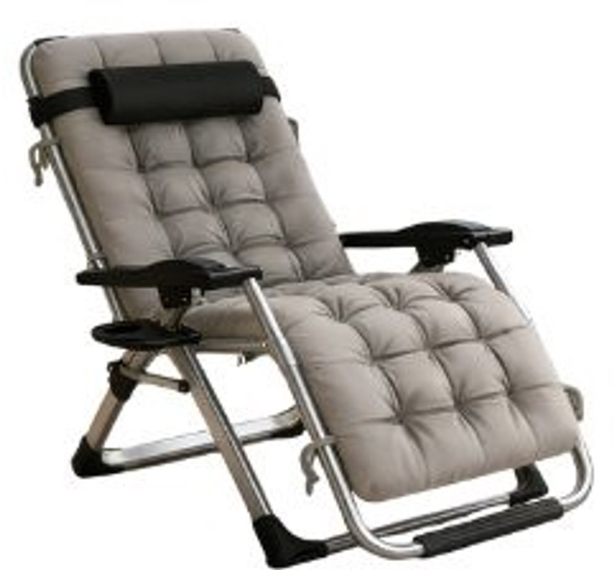 Campingstoel-Strandstoel-77cm Opvouwbare Zero Gravity Loungestoel Plus Size -Draagvermogen 160kg- Hoofdsteun-bekerhouder-Metaal-Grijs.