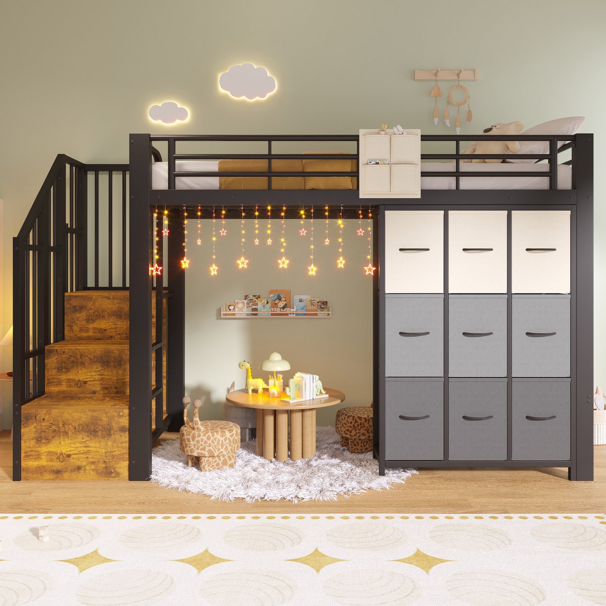 VVBV Kinderhoogslaper 90x200 cm met Lades, Trap/Ladder - Uitvalbeveiliging, Opbergruimte - Metaal Zwart - Zonder Matras Black