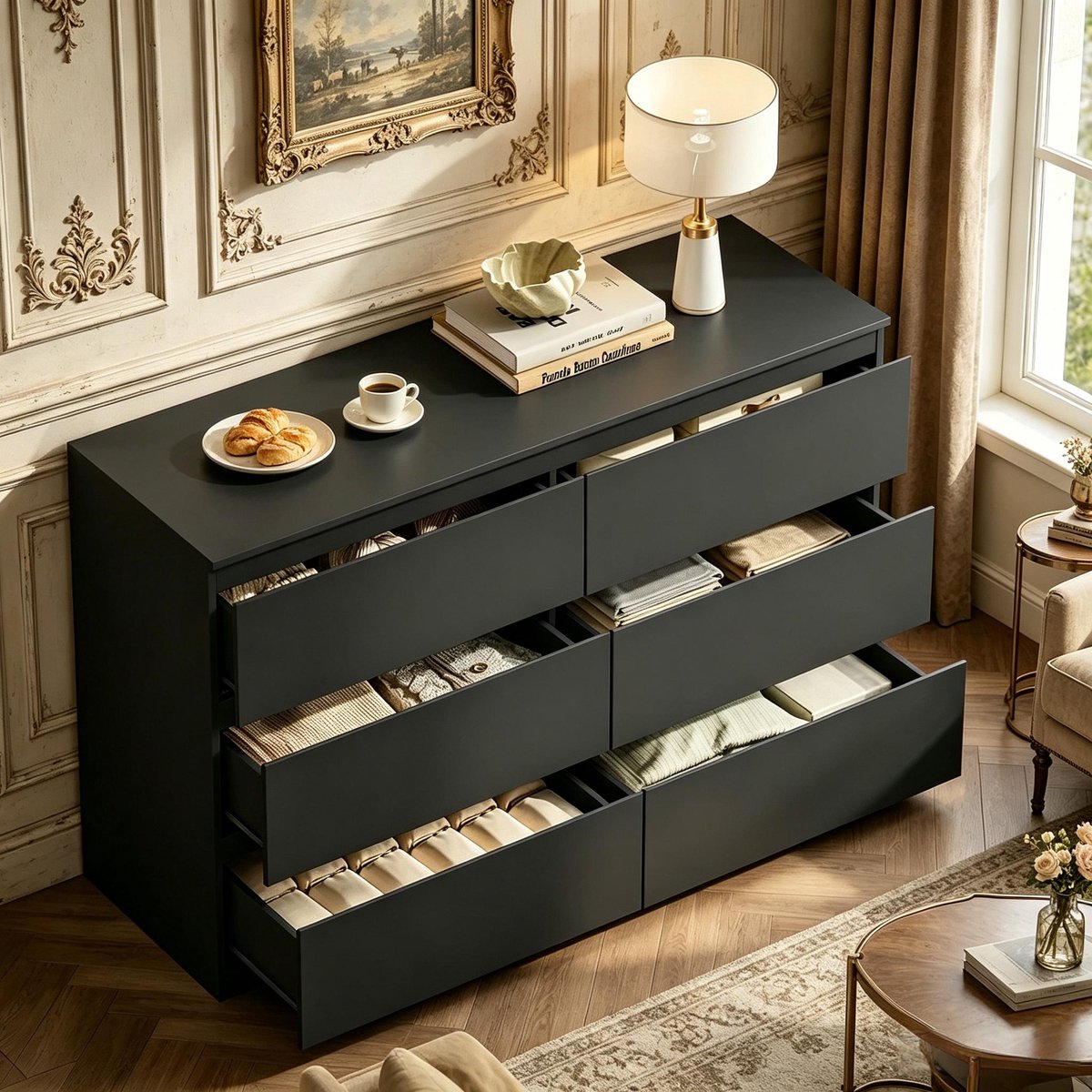REDOM Commode Met 6 Laden - Modern - Voor Woonkamer Of Slaapkamer - Bewerkt Hout - Zwart - 120 X 40 X 75 Cm