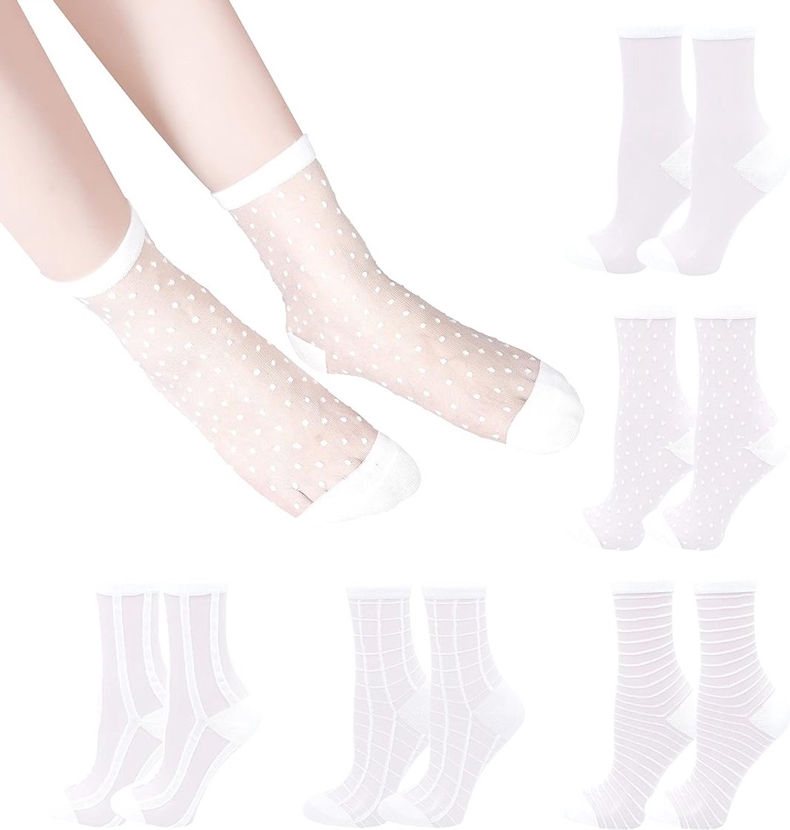 5 Stuks Dames Transparante Kanten Visnet Sokken Dunne Nylon Enkelsokken Comfortabel Elastisch Zomer Sokken Eén Geschikt Voor Schoenmaat 15-25 Modieuze Dameskleding Accessoire Cyslmuk® Wit