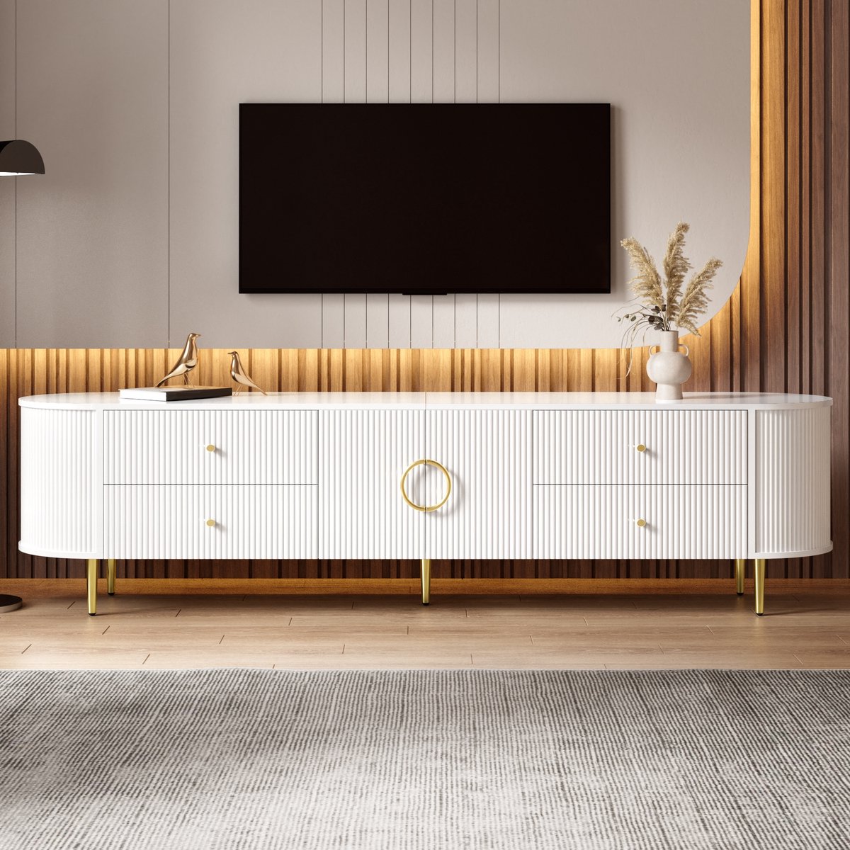 PHOEBE CAT TV-meubel - 4 lades - Afgeronde hoeken - MDF - Metalen poten - Wit