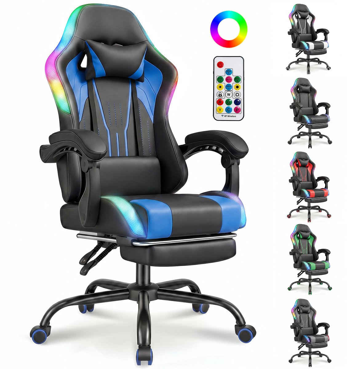 Devoko Game Stoel met ledverlichting-Ergonomische Gamestoel-Gaming chair met voetensteun-Bureaustoel met hoofdsteun en lendensteun-Zwart Blauw