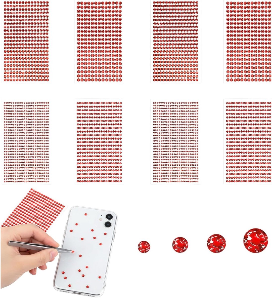 Zelfklevende Rhinestones in Rood – 3216 Stuks van 3/4/5/6mm – Glitterende Steentjes voor Knutselen, Wenskaarten, Fotolijsten en Nail Art Decoratie