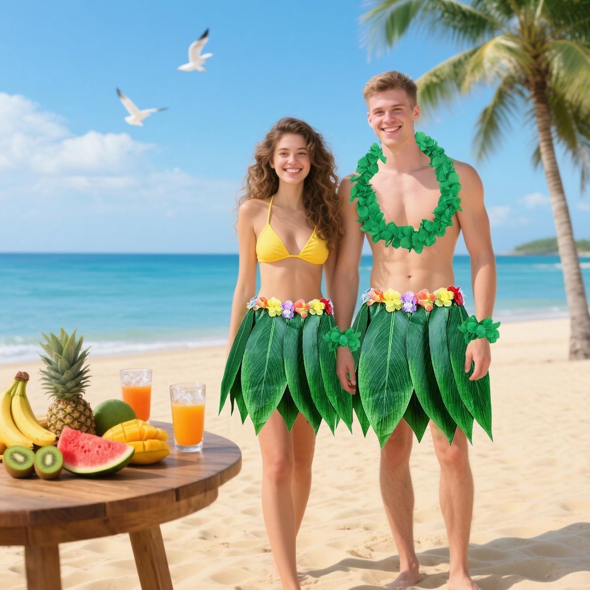 Vijfdelige Hula Rok Set met Bloemen Hoofdband, Armbanden en Ketting voor Luau Feest en Tropische Thema Party voor Vrouwen en Meisjes