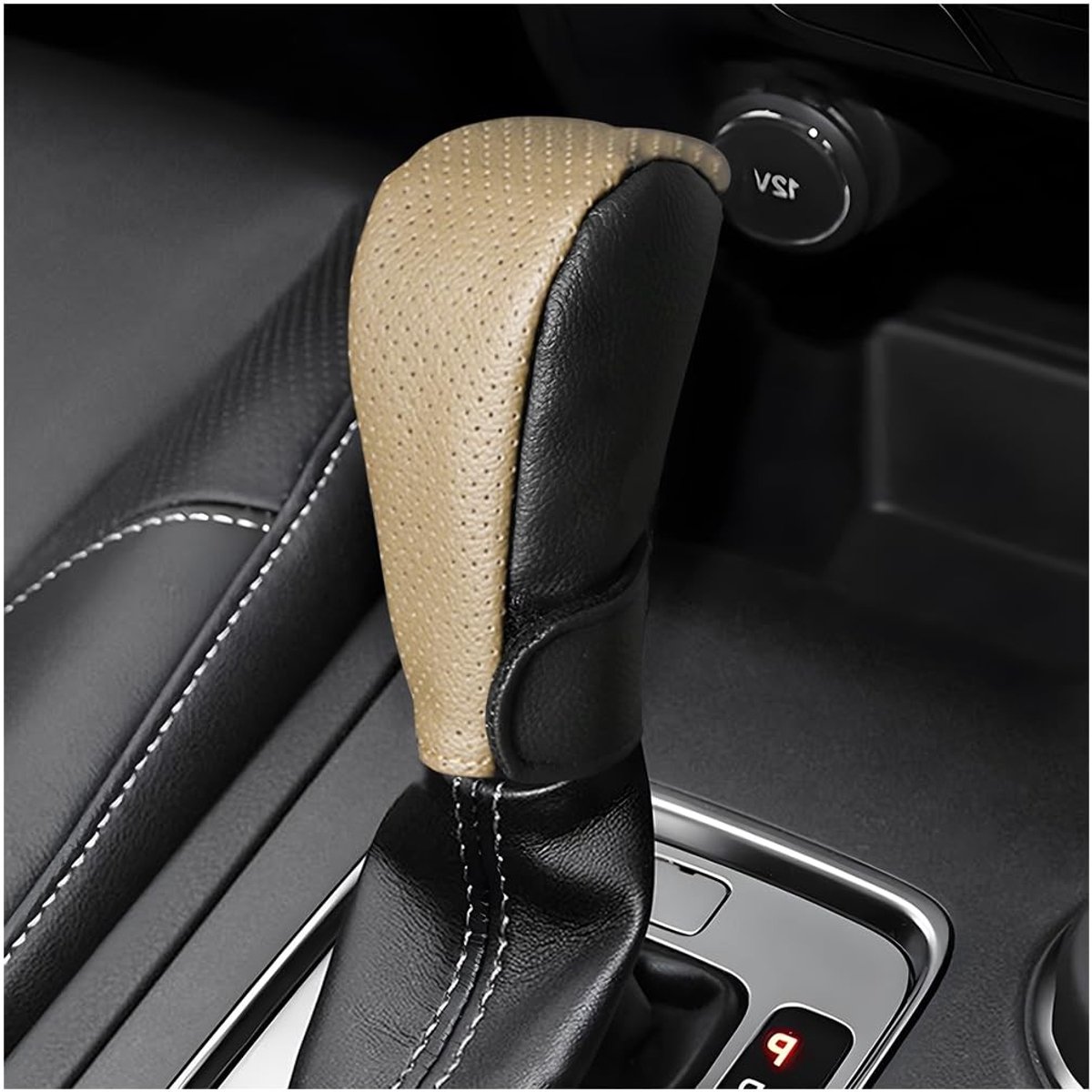 Dailygoody - Versnellingsknop afdekking - Luxe lederen pookknop - Zwart/beige - Antislip autoaccessoires - Geschikt voor elke auto - 12x7 cm