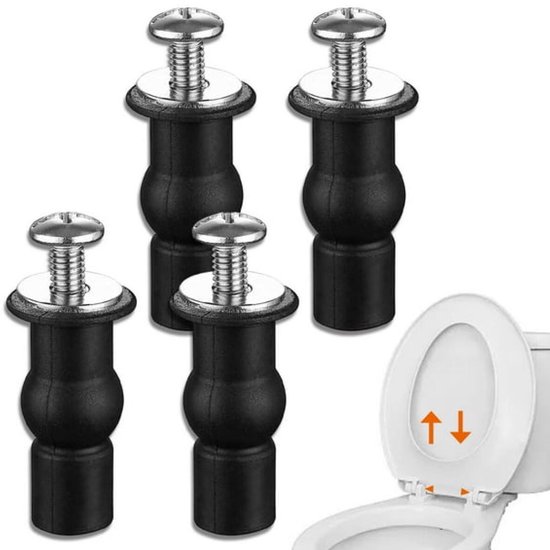 Vier zwarte toiletbril scharnieren met schroeven en ringen, naast een toiletbril.