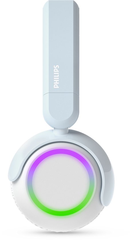 Lichtblauwe Philips koptelefoon, met witte oorschelpen en een verlichte cirkel