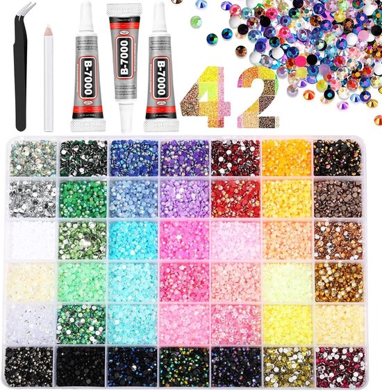 32.000 stuks strass steentjes in 42 kleuren, inclusief 3 lijmen, een pincet en een pen.