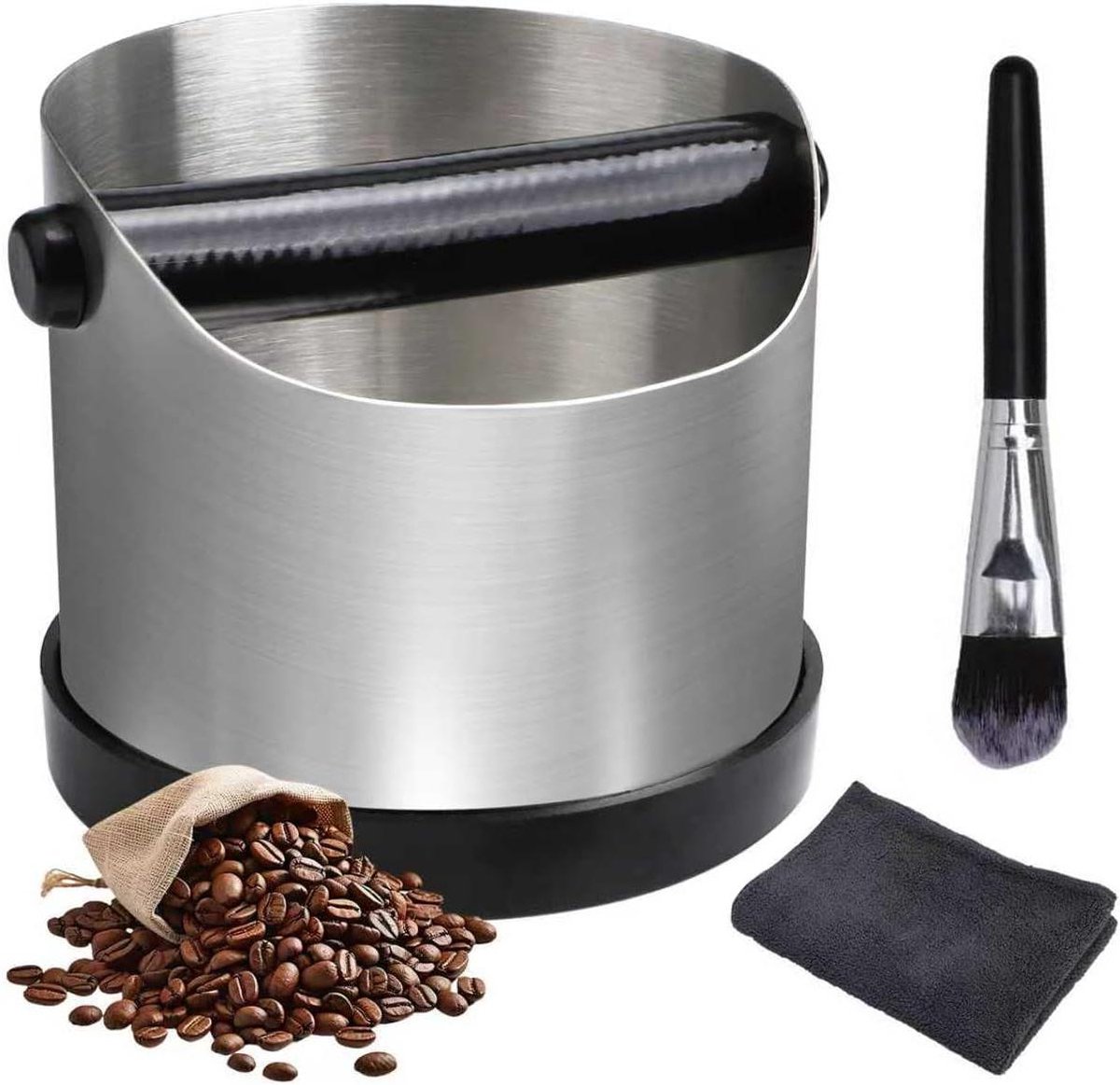Koffie Klopdoos - Espresso Afvalbak - Koffiedik Verzamelen - Inclusief Borstel - 11.8 x 11.8 cm - Zilver