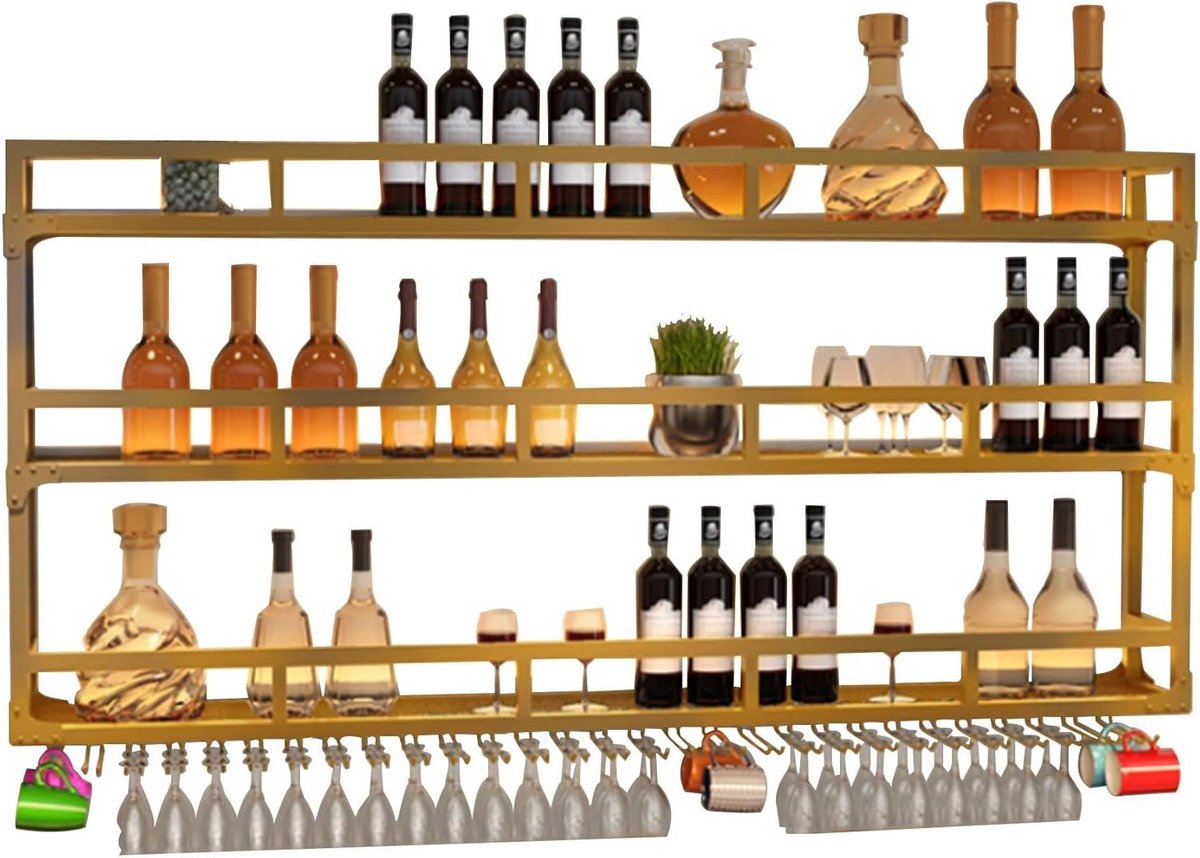 Zwevend Wijnrek - Wandrek Drank - Bar Inrichten - Met Sfeerverlichting - 80 cm - Goudkleurig