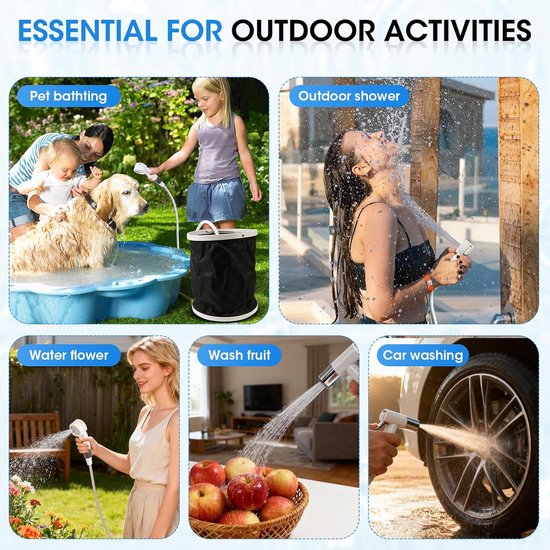 Draagbare Camping Douche - Oplaadbare Buitendouche - 2m - Mobiele Douche - Tuindouche - Reisdouche - Voor Kamperen, Wandelen, Reizen, Camper, Huisdieren en Strand - Incl. Douchkop, Spuitpistool, Zuighaak, USB, Opbergtas en Handleiding - SOLLBRY® — afbeelding 3